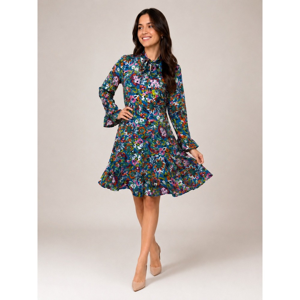 Tahari‎ Arthur S. Levine Blue Floral Tie Neck Flounce Hem Dress Size 8